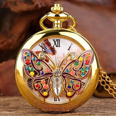 Vintage Rhinestone Butterfly Quartz Pocket Watch Hollow Out Analog Necklace Gift • $25.98