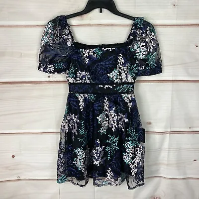 Lulus Dress Women XS Mesh Embroidered Skater Mini Floral Square Neck Puff Sleeve • $24.49