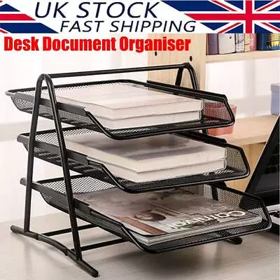 Metal Mesh Office Desk 3 Tier Trays File Document Paper Letter Organiser Holder • £7.89