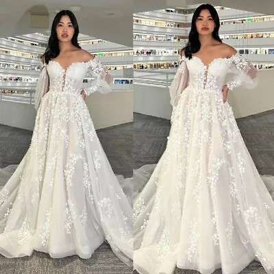 Boho Wedding Dresses Long Sleeves A Line Off The Shoulder Lace Bridal Gowns • $140.43