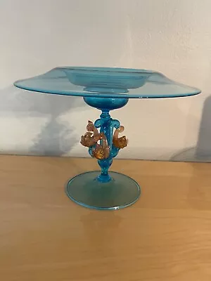 Vintage Venetian Murano Blue Glass Centerpiece Compote W/ Dolphins Decoration • $250