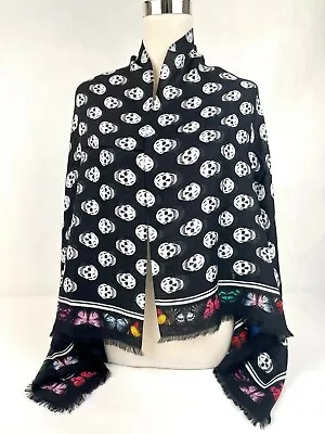 $377.29 • Buy Alexander McQueen Black Modal Skull Butterfly Large Scarf Shawl 607330 1078