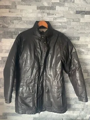 Men's EDDIE BAUER Vintage Goose Down Leather Jacket Bomber-Brown-Size Medium • $99