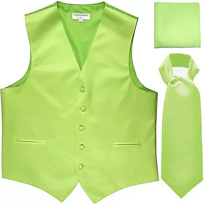 New Men's Solid Tuxedo Vest Waistcoat & Ascot Cravat Set Lime Green Wedding • $28.50