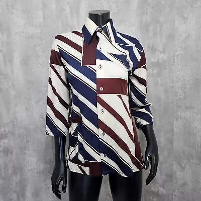 Vintage 70s Womens S Dagger Collar 3/4 Sleeve Striped Button Up Polyester Blouse • $26.99