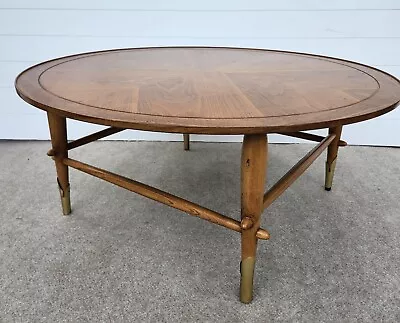 Mid Century Modern Round Lane Copenhagen Walnut Brushed Brass Coffee Table • $625