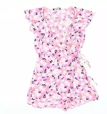 Bershka Womens Pink Floral Viscose Playsuit One-Piece Size M Zip - Wrap Front St • £7