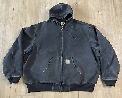 $16 • Buy Vintage Carhartt JR105 Men's 3XL Black Zip Hooded Jacket Faded Distressed Worn