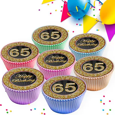 65th Black & Gold Age 65 Birthday Edible Cupcake Toppers Decorations Gt-65hb • £2.99