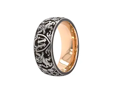 9mm Rose Gold Tungsten Ring With Medieval Engravings Lions And Custom Initial • $320