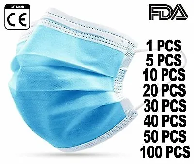 Face Mask Surgical Type Disposable 3ply Mouth Guard Cover Face Masks Respiration • £0.99