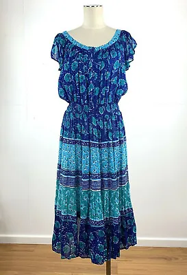 Pretty Vintage 1980s Blue Floral Indian Gauze Boho Summer Peasant Dress • $52.19