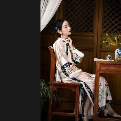 Retro Womens Chinese Style Gown Palace Qing Dynasty Fur Lapel Cheongsam Hanfu • $91.53