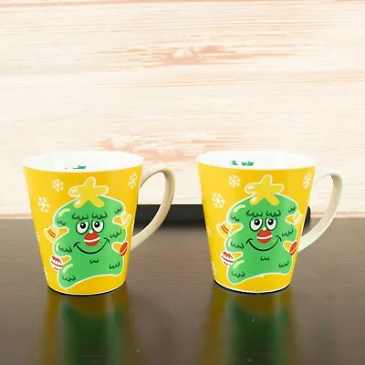 $25 • Buy Set Of Two Ikea Collectable Xmas Mugs - Kitsch Christmas Tree Yellow Green White