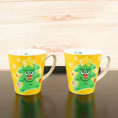 $25 • Buy Set Of Two Ikea Collectable Xmas Mugs - Kitsch Christmas Tree Yellow Green White