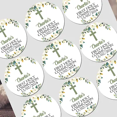 Personalised First Holy Communion Stickers For Party Bags Green Floral Cross • £3.99