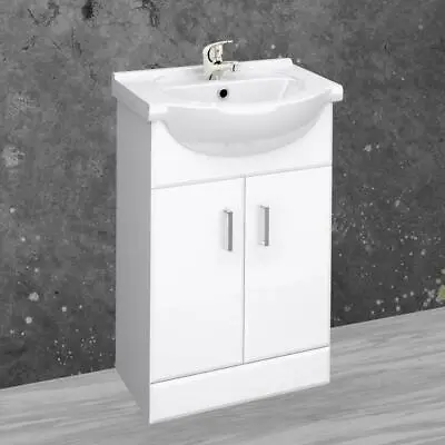 White 550mm Two Door Bathroom Cabinet Basin Sink Vanity Unit Chrome Tap & Waste • £16.99