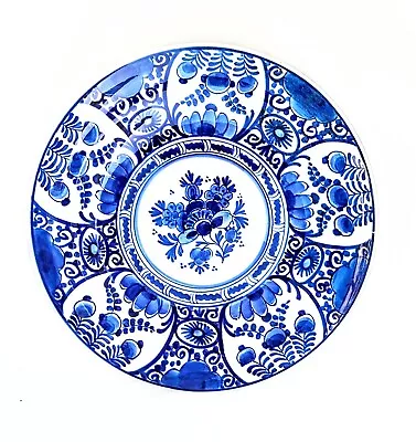 1961 Royal Delft Dutch Floral Plate Blue White Handpainted Art MCM Floral • $49