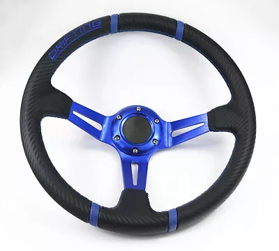 350mm DEEP DISH BLUE 3D LEATHER & BLUE ST 6 BOLT STEERING WHEEL & HORN BUTTON  • $39.99