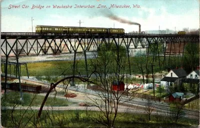 Postcard Street Car Bridge Waukesha Interurban Line Milwaukee Wisconsin WI  3411 • $24.95