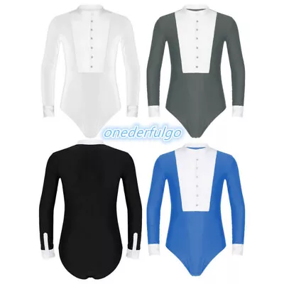 Men Long Sleeve Latin Dance Shirt Leotard Bodysuit Ballroom Costume Dancewear • £12.66