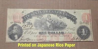 REPRODUCTION COPY 1862 $1 Obsolete Bank Note Virginia Treasury Note Richmond • $6.99