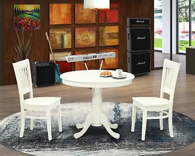 3pc Kitchen Dinette 36  Round Pedestal Table + 2 Wood Dining Chairs Off-white • $390