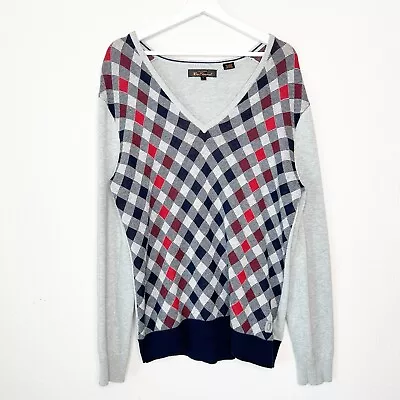 Ben Sherman Argyle Gray Navy And Red V-Neck Sweater L • $20