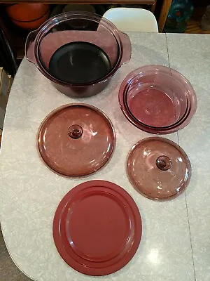 Visions Corning Ware 5 Pcs Red Cranberry Glass Cookware Dutch Oven Casserole • $75