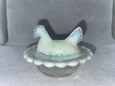 MINI HEN ON NEST SALT DISH White Green SLAG Mini 2” Vintage • $50