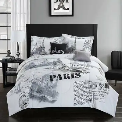 Black White Paris French Eiffel Postcard 5 Pc Comforter Set Full Queen King Bed • $74.90