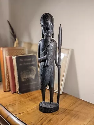 Vintage African Full Length Hand Carved Ebony Wooden Kenyan Masai Warrior Figure • £42.99