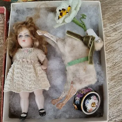 Antique German Mignonette Doll Putz Sheep Box W Antique Lace Flower Ceramic Pot • $227.95