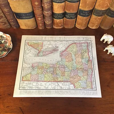 Large Original 1898 Antique Map NEW YORK STATE Buffalo Albany Utica Long Island • $36