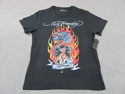 $60 Ed Hardy Mens T-Shirt Large Black Rhinestone Tiger In Flames Graphic Tee • $49.85