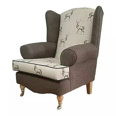 Queen Anne Wing Back Cottage Chair Stag Print & Brown Contrast Fabric Light Legs • £479