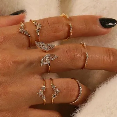 8pcs Butterfly Crystal Above Knuckle Ring Midi Finger Rings Set Women Jewelry • £3.59