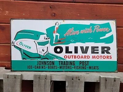 Vintage Oliver Sign Outboard Boat Motor Tin Metal Lake Marina Johnsons Gas Shop • $475.43