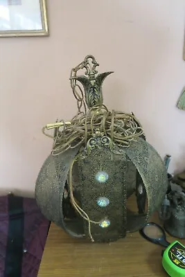 $150 • Buy Vintage Turkish Lamp Handmade Moroccan Ceiling Light Pierced Brass + Rhinestone