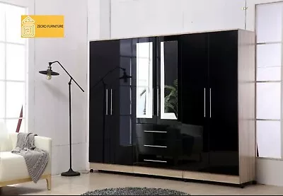 Large 6 Door Mirrored HIGH GLOSS BLACK Fitment Wardrobe 3 Drawer FREE SHIPPING • £469.99