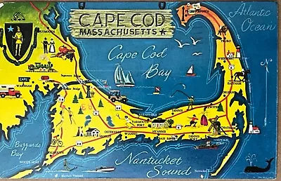 Cape Cod Map Massachusetts Colorful Vintage Chrome Postcard C1970 • $8.98