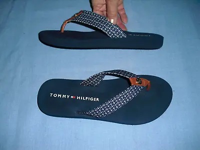 TOMMY HILFIGER Womens Navy Blue Anchor Gold Logo TH Sandals Flip Flops Size 8 M • $10.99