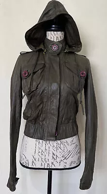 Mike & Chris Leather Jacket Hood  Brown Button Sz M Women • $90