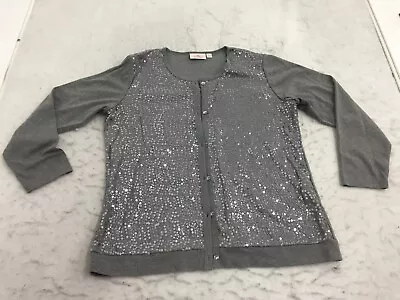 Quacker Factory Sweater Womens L Large Gray Sequin Button Up Long Sleeve • $8