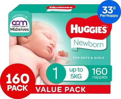 Huggies Newborn Size 1 Up To 5kg Nappies 160pk • $79.99