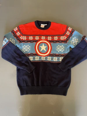 $30 • Buy Captain America Sweater  ￼Marvel  Men’s Small Christmas Sweater Blue Red Shield