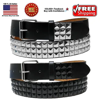 Punk Rock Silver Black Metal Rivets Pyramid Studs Black Leather Belt With Buckle • $10.99