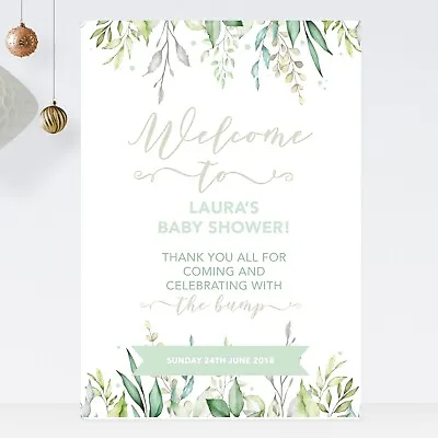 Personalised Baby Shower Welcome Sign Green Botanical Leaves (ST30) • £4.75