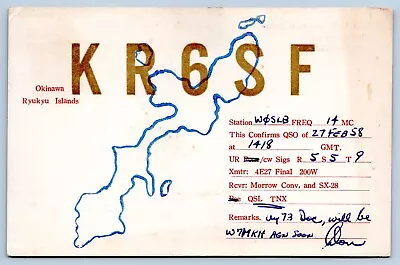 1958 KR6SF Ryukyu Islands Okinawa Japan Capt. DW Lambrecht QSL Card • $5