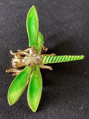 Vintage Enameled Rhinestone Gold Tone Dragonfly Brooch With Movable Wings • $8